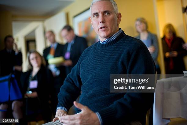 Republican Conference Chairman Mike Pence, R-Ind., answers questions during a breakfast with reporters during the House Republican retreat at the...