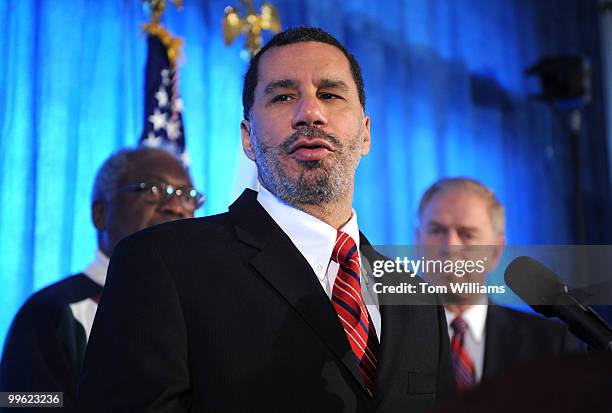 Gov. David Paterson, D-N.Y., addresses the media with House Minority Whip James Clyburn, D-S.C., left, and Ted Strickland, D-Ohio, before the...