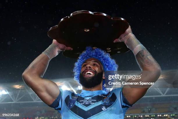 Josh Addo-Carr of the Blues celebrates with fans after winning the series following game three of the State of Origin series between the Queensland...