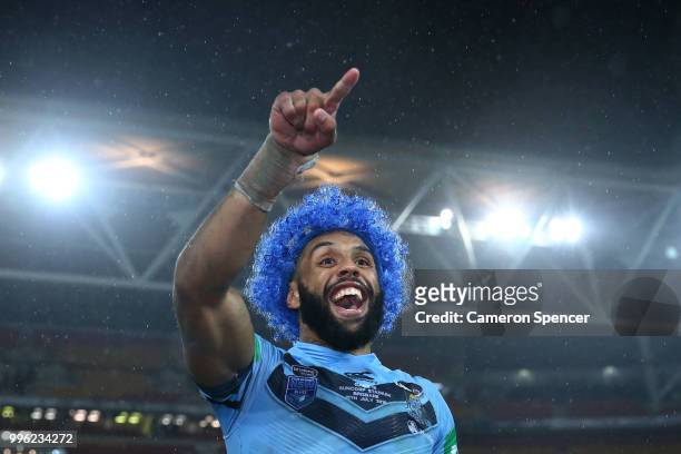 Josh Addo-Carr of the Blues celebrates with fans after winning the series following game three of the State of Origin series between the Queensland...