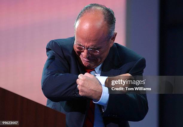 Former Mayor of New York Rudy Guiliani addresses the delegation on the floor of Madsion Square Garden at the Republican National Convention 2004, in...