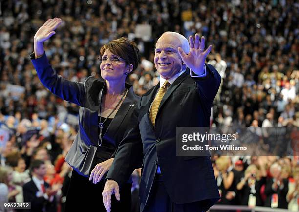 Sen. John McCain greets the crowd with his running mate Gov. Sarah Palin after he accepted the Republican nomination for president on the last night...