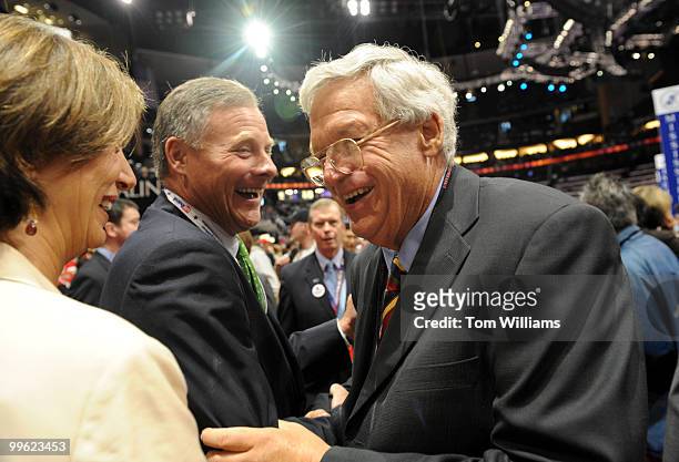 Former Speaker of the House Dennis Hastert, right, shares a laugh with Sen. Richard Burr, R-N.C., on second night of the Republican National...