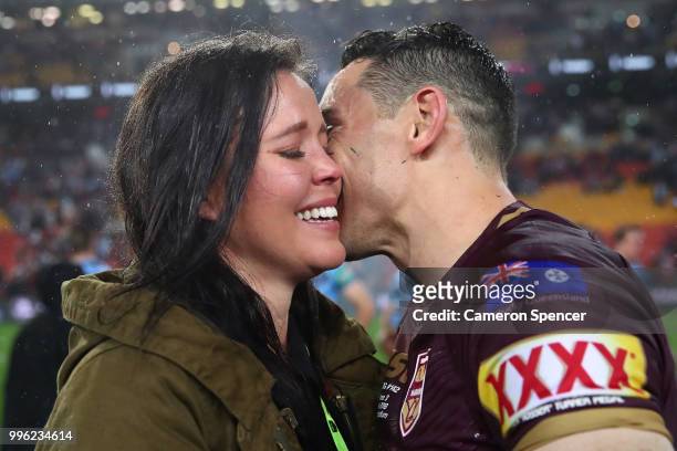 Billy Slater of Queensland shares a moment with his wife Nicole Slater after winning game three of the State of Origin series between the Queensland...