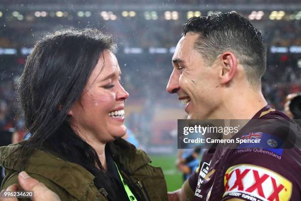 Billy Slater of Queensland shares a moment with his wife Nicole Slater after winning game three of the State of Origin series between the Queensland...