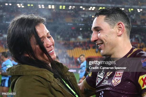 Billy Slater of Queensland shares a moment with his wife Nicole Slater after winning game three of the State of Origin series between the Queensland...