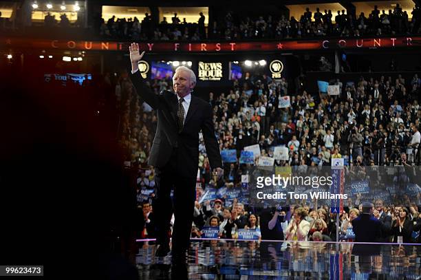 Sen. Joe Lieberman, I-Conn., leaves the stage after giving the final speech of the night at the Republican National Convention held at the Excel...