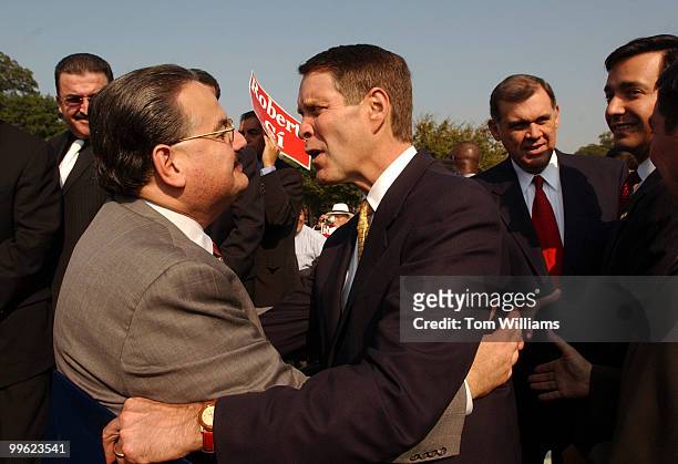 Rev. Miguel Rivera of the National Coalition of Latino Clergy, hugs Senate Majority Leader Bill Frist, R-Tenn., during a rally on the West Front,...