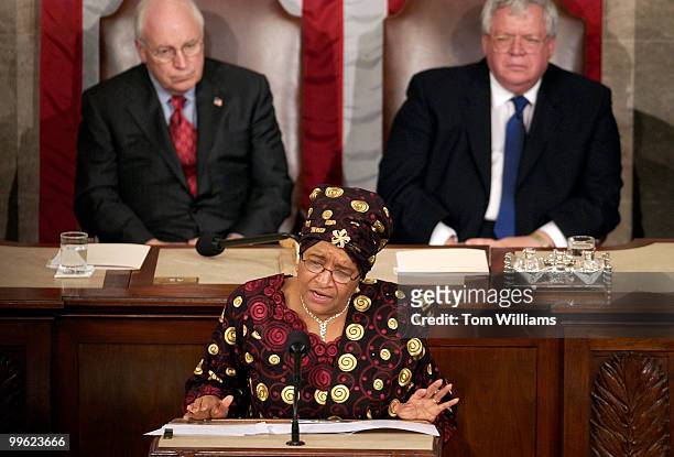 Ellen Johnson Sirleaf, president of the Republic of Liberia, addresses a joint session of Congress in House Chamber. Vice President Dick Cheney,...