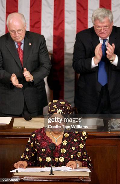 Ellen Johnson Sirleaf, president of the Republic of Liberia, addresses a joint session of Congress in House Chamber. Vice President Dick Cheney,...