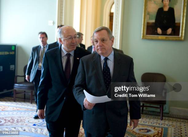 Senate Minority Whip Richard Durbin, D-Ill., right, and Secretary of the Interior Ken Salazar, make their way to a news conference to discuss their...