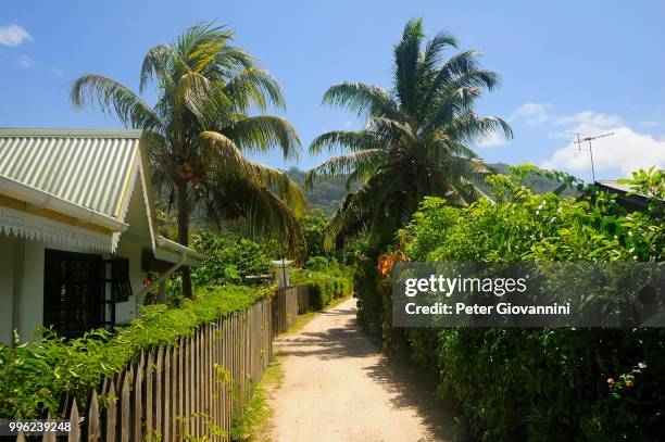 typical alleyway in the village of la passe, la digue island, la digue and inner islands, seychelles - peter island stock pictures, royalty-free photos & images