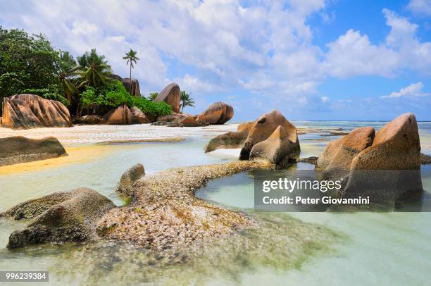 granite rocks and palm trees on anse la reunion beach, la digue island, la digue and inner islands, seychelles - peter island stock pictures, royalty-free photos & images