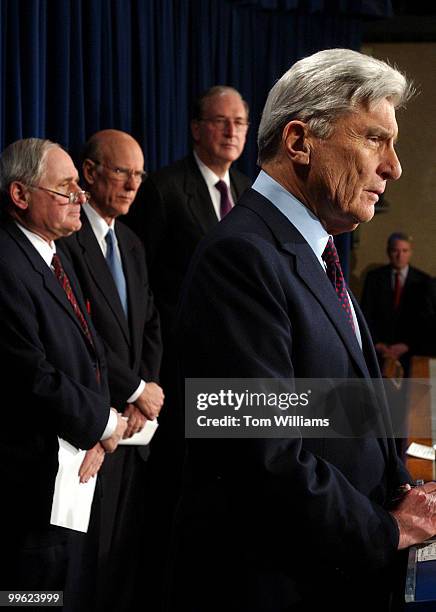 Sen. John Warner, R-Va., speaks at a news conference in the Senate Studio on his recent trip to the Middle East and Central Asia, along with, from...