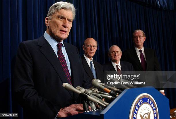 Sen. John Warner, R-Va., speaks at a news conference in the Senate Studio on his recent trip to the Middle East and Central Asia, along with, from...