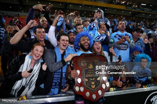 Josh Addo-Carr of the Blues poses with fans after winning the series following game three of the State of Origin series between the Queensland...