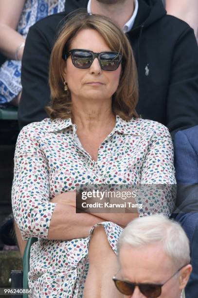 Carole Middleton attends day nine of the Wimbledon Tennis Championships at the All England Lawn Tennis and Croquet Club on July 11, 2018 in London,...