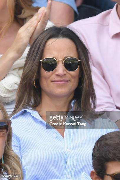 Pippa Middleton attends day nine of the Wimbledon Tennis Championships at the All England Lawn Tennis and Croquet Club on July 11, 2018 in London,...