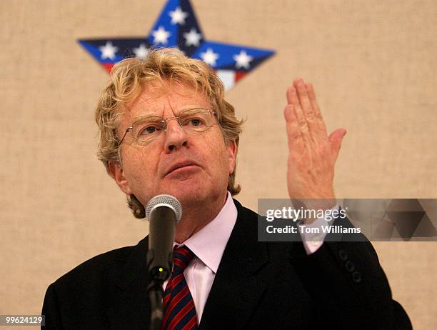 Potential Senate candidate Jerry Springer, D-Ohio, addresses the Ross County Democratic Party Spring Dinner in Chillicothe, Ohio.