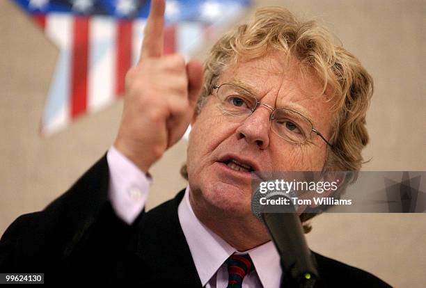 Potential Senate candidate Jerry Springer, D-Ohio, addresses the Ross County Democratic Party Spring Dinner in Chillicothe, Ohio.