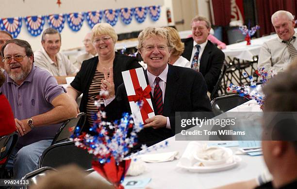 Potential Senate candidate Jerry Springer, D-Ohio, displays a gift at the Ross County Democratic Party Spring Dinner in Chillicothe, Ohio.