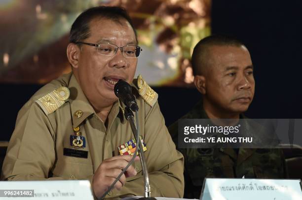 Chiang Rai Governor Narongsak Osotthanakorn speaks during a press conference at a makeshift press centre in Mae Sai district of Chiang Rai province...