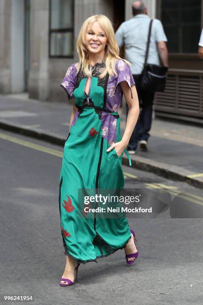 Kylie Minogue seen at the Magic Radio Studios on July 11, 2018 in London, England.