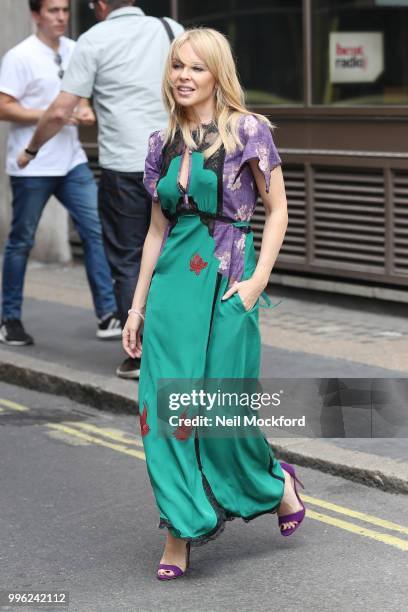 Kylie Minogue seen at the Magic Radio Studios on July 11, 2018 in London, England.