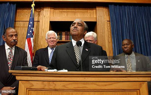 From left, Reps. John Conyers, Jim McDermott, D-Wash., Charlie Rangel, D-N.Y., Jim Moran, D-Va., and Major Owens, D-N.Y., attend a news conference in...