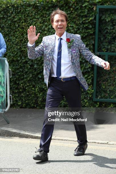 Cliff Richard seen arriving on day nine of the Wimbledon Lawn Tennis Championships at All England Lawn Tennis and Croquet Club on July 11, 2018 in...