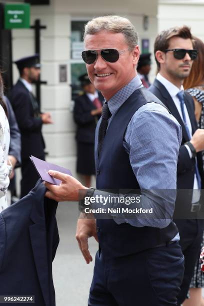 David Coulthard seen arriving on day nine of the Wimbledon Lawn Tennis Championships at All England Lawn Tennis and Croquet Club on July 11, 2018 in...