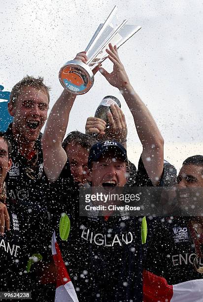 Paul Collingwood and the England team celebrate with the series trophy after winning the final of the ICC World Twenty20 between Australia and...