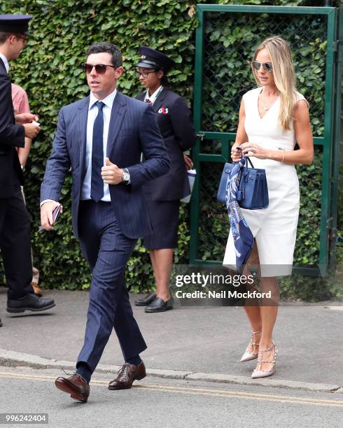 Rory McIlroy and Erica Stoll seen arriving on day nine of the Wimbledon Lawn Tennis Championships at All England Lawn Tennis and Croquet Club on July...