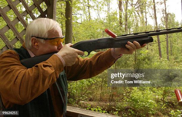 Rep. Jim Leach, R-Iowa, fires at a clay pigeon during the 2005 Congressional Shootout, at Prince George's County Sheet Center, Monday