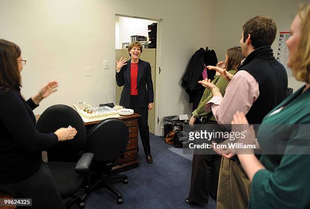 Sen. Jeanne Shaheen, D-N.H., is surprised by her staff with a party on her 62nd birthday in their temporary Dirksen office, January 28, 2009.