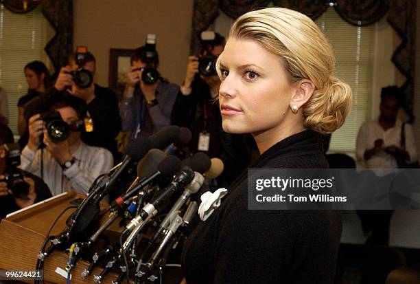 Actress and Operation Smile International Youth Ambassador Jessica Simpson arrives at a news conference to discuss the charity which is a private,...