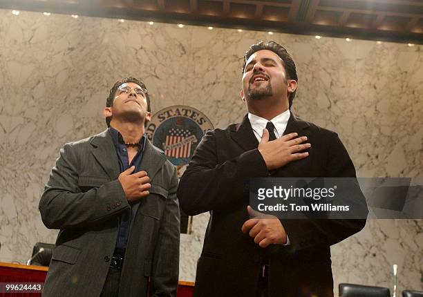 Panamanian brothers Alberto, left, and Ricardo Gaitanes, sing at a news conference in Hart Building, in support of the confirmation of Miguel Estrada...