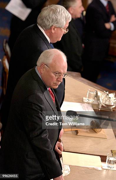 Vice President Dick Cheney, foreground, and Speaker of the House Dennis Hastert, R-Ill., attended a joint session of Congress at which Ellen Johnson...