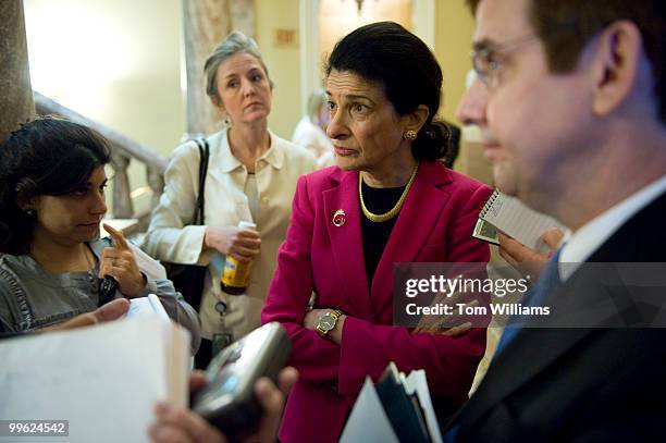 Sen. Olympia Snowe, R-Me., talks with reporters after a republican luncheon where they conducted leadership elections to replace Ensign as Republican...