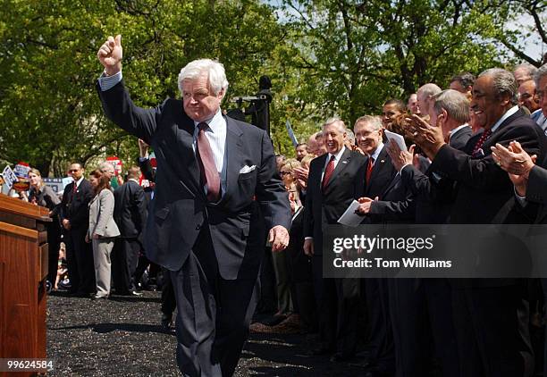Sen. Ted Kennedy, D-Mass., arrives at a rally in Upper Senate Park, in which numerous members of the House and Senate attended, to call on the...