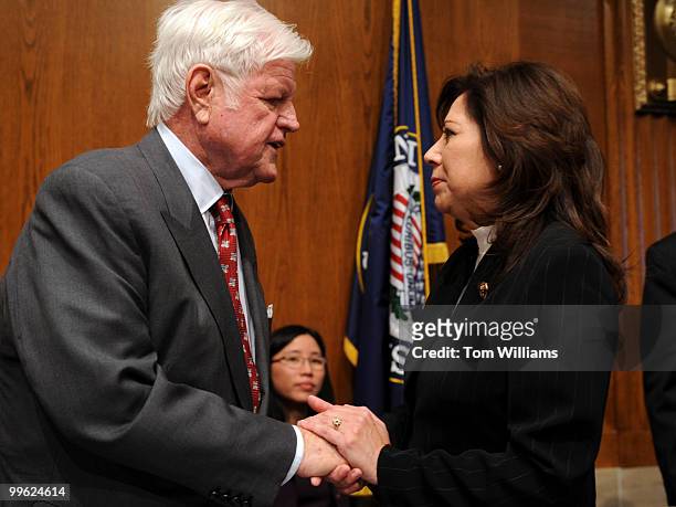 Rep. Hilda Solis, D-Calif., nominee for Secretary of Labor, talks with Chairman Ted Kennedy, D-Mass., after her conformation hearing before the...