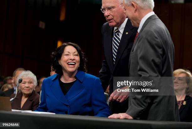 Supreme Court nominee Sonia Sotomayor is seated by Chairman Pat Leahy, D-Vt., and ranking member Jeff Sessions, R-Ala., at the start of the Senate...