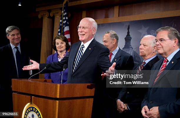Chairman of the Senate Judiciary Committee Pat Leahy, D-Vt., conducts a news conference with members of the Committee on the Senate's conformation of...