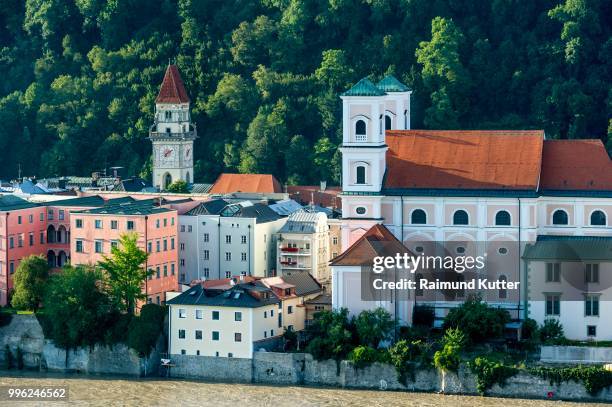 tower of the town hall, jesuit church of st. michael, flooded promenade of the inn river during high water, innkai waterfront, historic centre, passau, lower bavaria, bavaria, germany - waterfront hall stock pictures, royalty-free photos & images