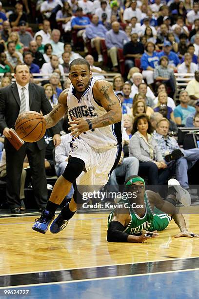 Jameer Nelson of the Orlando Magic drives past Rajon Rondo of the Boston Celtics in Game One of the Eastern Conference Finals during the 2010 NBA...