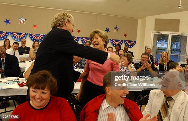 Potential Senate candidate Jerry Springer, D-Ohio, comforts Sheila Madru after she lost an auction on his tie at the Ross County Democratic Party...