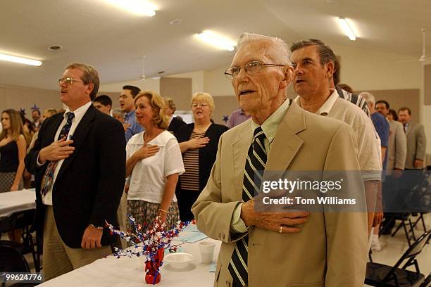 Max Baughman says the Pledge of Alligance before a speech by potential Senate candidate Jerry Springer, D-Ohio, addresses attendees of the Ross...