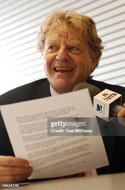 Potential Senate candidate Jerry Springer, D-Ohio, talks to the media before the Ross County Democratic Party Spring Dinner in Chillicothe, Ohio.
