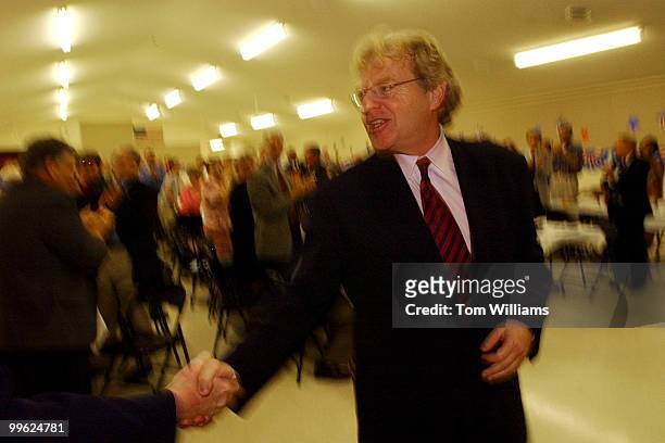 Potential Senate candidate Jerry Springer, D-Ohio, gets a handshake before speaking at the Ross County Democratic Party Spring Dinner in Chillicothe,...