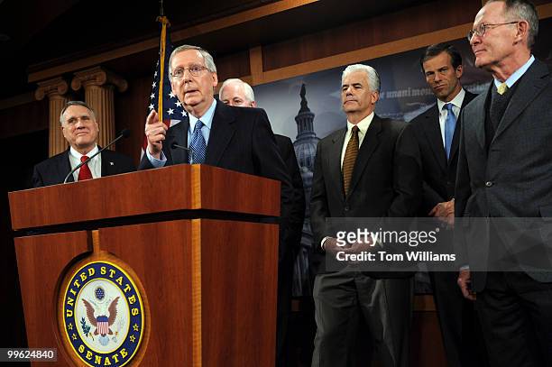 Senate Minority Leader Mitch McConnell, R-Ky., takes questions during a news conference that followed a meeting of the Senate Republican Conference,...